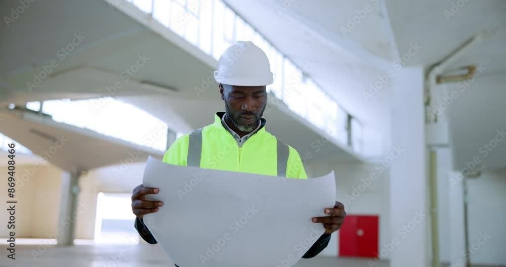 Poster black man, civil engineer and paperwork with blueprint for construction, building or architecture at