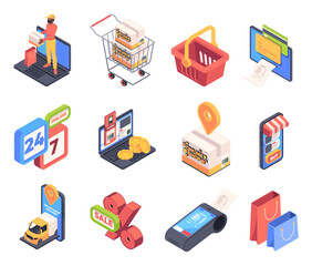 Online shopping. Isometric icons with shopping cart, trolley, delivery truck, parcel with order, online store and courier service. Ecommerce and internet marketing. 3D vector isolated illustration set