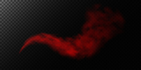 Red smoke, smog cloud on podium or stage, isolated transparent special effect. Vector illustration, fog vapor over ground or water surface, magic haze.	