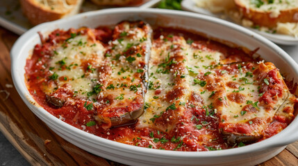Baked Eggplant Parmesan with Tomato Sauce and Cheese Garnished with Fresh Parsley in White Baking Dish