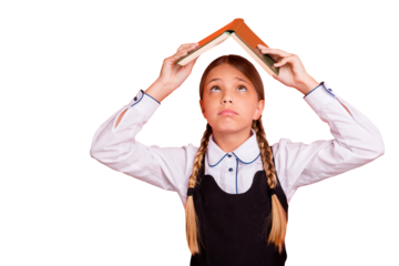 Close-up portrait of her she nice attractive lovely naughty pre-teen girl holding over head academic book first September grade isolated over bright vivid shine orange background