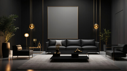 Modern black and white designer minimalistic living room with high ceiling, futuristic chair, green plant
