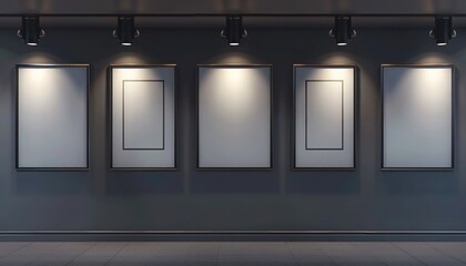 A contemporary office with a charcoal grey wall featuring empty frames in a grid pattern, each illuminated by cool spotlights for a professional touch.