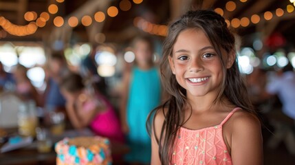 A cheerful young girl smiles brightly at a festive birthday party, surrounded by friends and colorful decorations in a lively atmosphere.