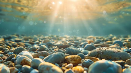 Sunlit underwater scene with colorful pebbles on the riverbed, creating a serene and tranquil atmosphere.