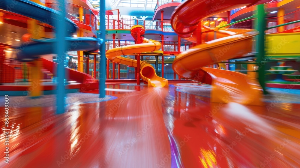 Poster vibrant and colorful indoor playground featuring multiple slides, creating a fun and energetic envir