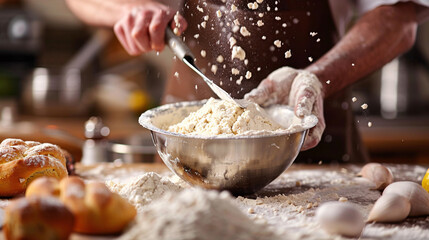 Chef adding flour to a mixing bowl while preparing dough for homemade bread