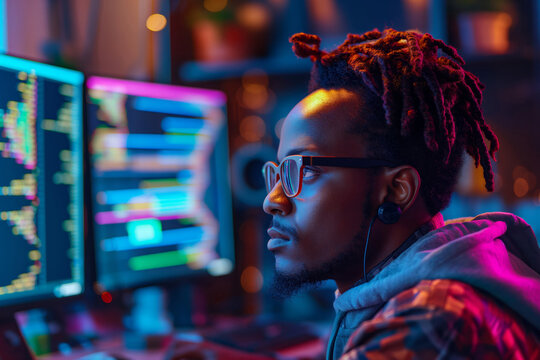 Intensely concentrated male programmer in a dynamic neon-lit office, symbolizing the new age of tech and digital innovation.