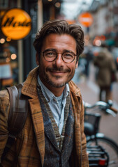 Obraz premium A man wearing glasses and a brown jacket is smiling at the camera