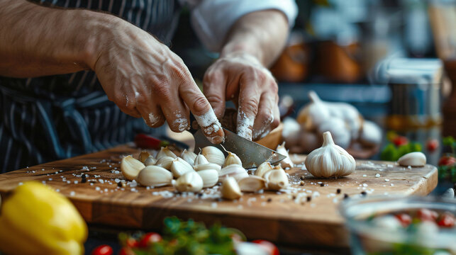 Chef cutting fresh garlic on a wooden cutting board with ingredients in the background