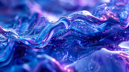 Abstract background. Wave color effects of blue and violet glass. Chrome reflection, organic biomorphic shapes. Copy space.