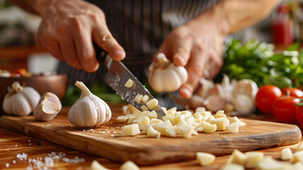 Chef slicing fresh garlic on a wooden cutting board with ingredients in the background