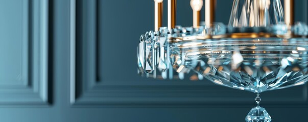 Elegant crystal chandelier against a sophisticated blue wall, showcasing exquisite design and luxurious interior decor.