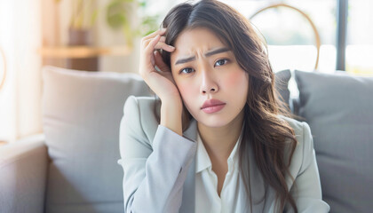 A stressful business woman sitting on a sofa and suffering from headache with hand holding her head