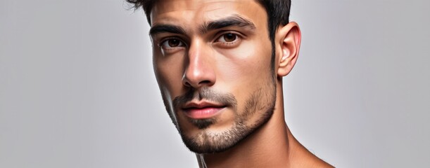 Close-up portrait of a confident man on a neutral background