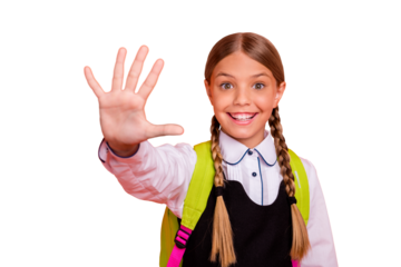 Close-up portrait of her she nice attractive lovely cheerful cheery confident funny pre-teen girl showing you high five 5 good mark score grade isolated over bright vivid shine orange background