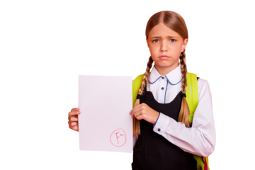 Portrait of her she nice attractive lovely disappointed unlucky pre-teen blonde girl showing bad fiasco mark score first grade isolated on bright vivid shine orange background