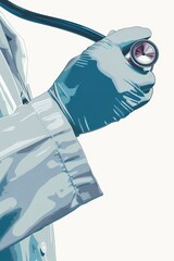 A doctor is holding a stethoscope and wearing a blue lab coat