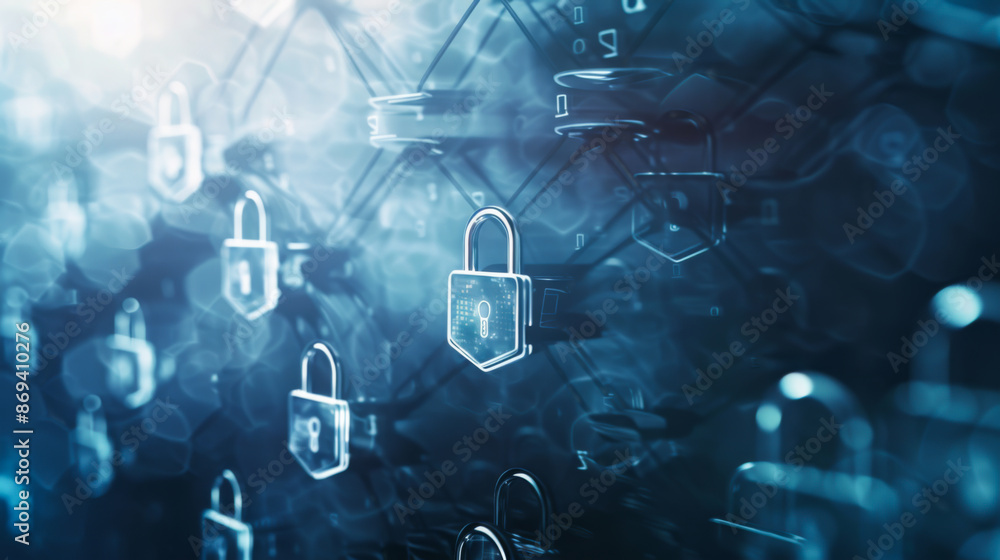 Poster abstract background of cyber security network and network attacks. light lines on a dark blue backgr
