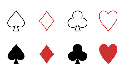 Vector playing cards line and solid signs. Editable stroke set. Suit playing card symbols. Black and red elements on a white background