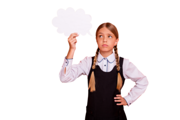 Portrait of her she nice-looking attractive lovely pre-teen blonde girl holding in hand copy empty blank space card dilemma isolated on bright vivid shine orange background