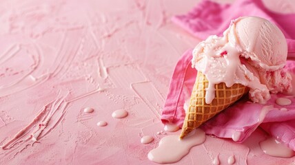 Melting ice cream cone on pink backdrop