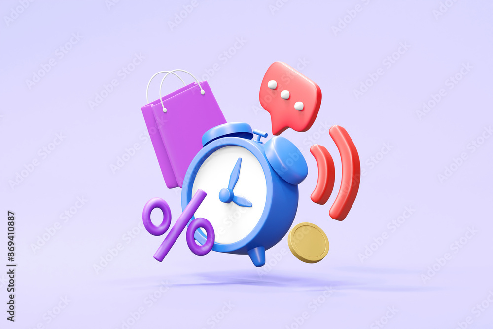 Poster a dynamic 3d render illustrating the thrill of online shopping with floating elements of an alarm cl