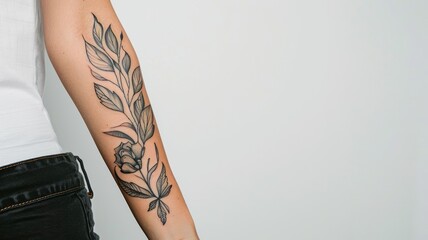 Female with botanical tattoo on forearm, white background