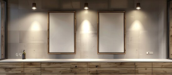 A contemporary kitchen with wooden cabinetry, two empty frames on a light grey wall, highlighted by bright spotlights.
