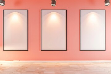 A contemporary living area with a pastel coral wall, displaying three empty frames in a triangular alignment, each under its own spotlight.