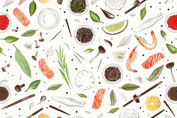 Colorful pattern with hand-drawn illustrations of sushi, seafood, and other Asian cuisine elements