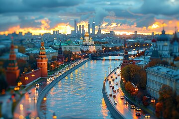 Moscow Skyline at Dusk With the Moskva River and Traffic