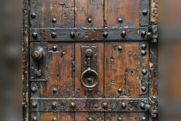 Fototapeta premium Weathered Wooden Door With Iron Straps and Ring Handle