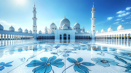 Beautiful Arabian mosque, Masjid panoramic view with columns gallery and empty entry yard. Travel and religion concept