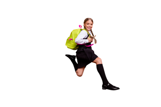 Full length body size view of nice attractive charming cheerful cheery glad pre-teen girl nerd running fast first grade motion movement isolated on bright vivid shine orange background - Powered by Adobe