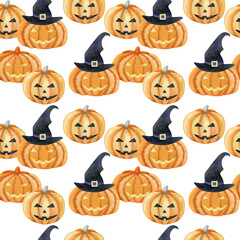 Watercolor halloween. Seamless pattern with pumpkin for the holiday.