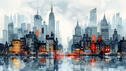 Beautiful modern city illustration with blue glass skyscrapers, paper and watercolour 