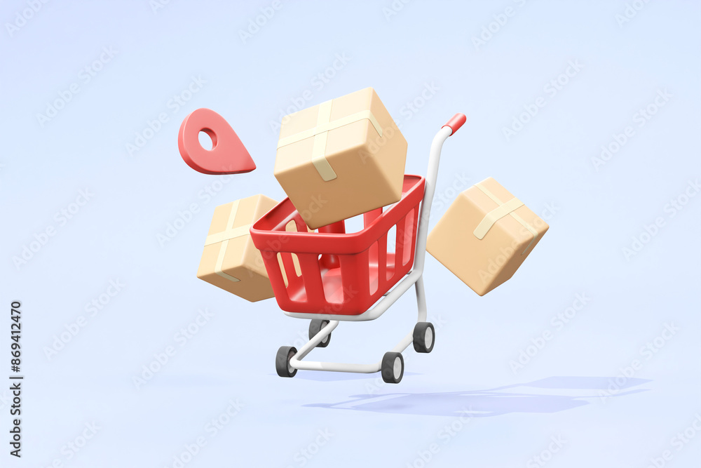 Poster a vibrant 3d render showcasing the efficiency of online shopping and delivery services with floating