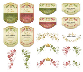 Large set of wine labels. Vector set of labels for wine, bunches of grapes and crown. Design of the wine logo.