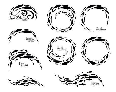Large set of schools of fish. Fish logo designs for fish merchant or seafood restaurant.