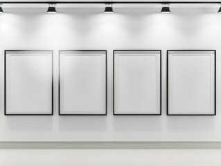 A contemporary gallery with a white wall displaying four empty frames in an asymmetrical arrangement, illuminated by bright spotlights to create an artistic atmosphere.