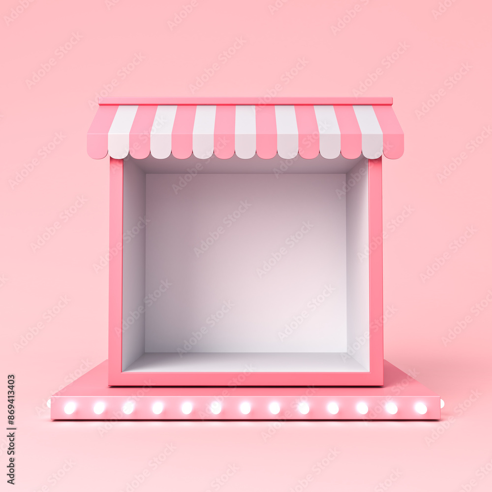 Poster blank exhibition booth shop store showcase with white neon lightbulbs or blank product display podiu