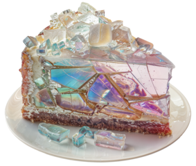 Slice of Stained Glass Cheesecake with Crystalline Topping on Transparent Background: Unique and Artistic Dessert