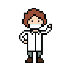 Cute pixel cartoon 8bit character man doctor or scientist game care for decoration pharmacist male doctor in hospital 8 bit male pixel art vector.