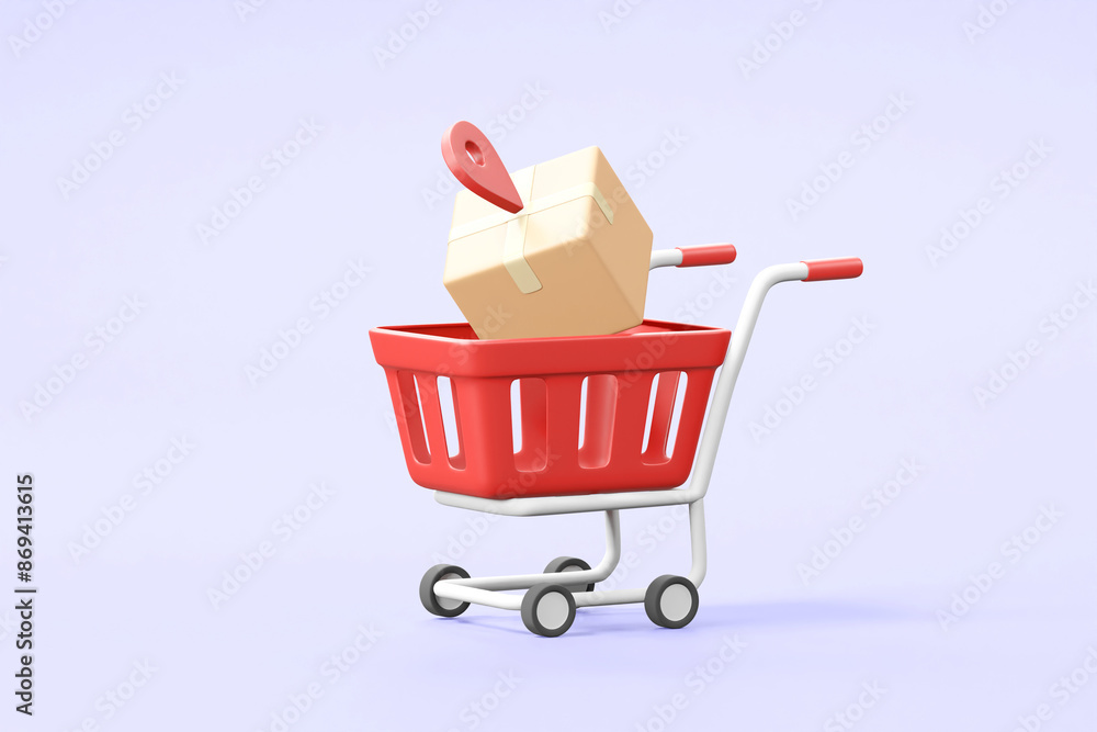 Poster a dynamic 3d render illustrating the process of online shopping and efficient delivery with elements