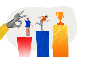 Poster banner collage of two business people have contest purpose achieve golden cup aim one winner another lose give up determination