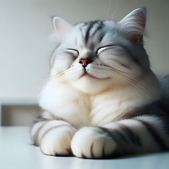 Fototapeta premium relaxed cat lying eyes closed white background