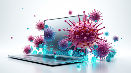 Colorful viruses emerging from laptop screen on white background
