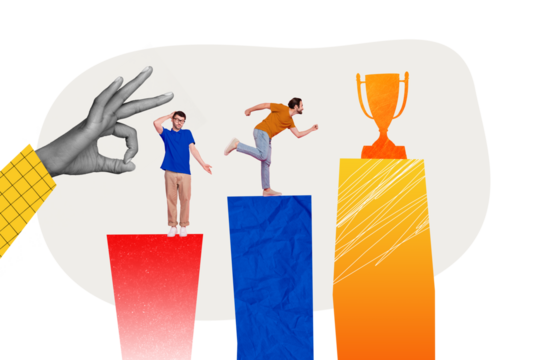 Poster banner collage of two business people have contest purpose achieve golden cup aim one winner another lose give up determination