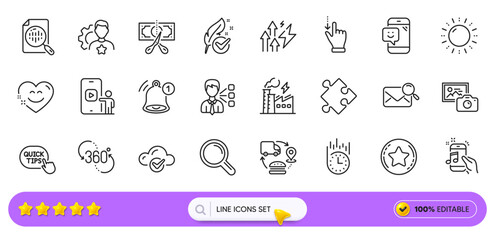 Photo camera, Phone video and Research line icons for web app. Pack of Cut tax, Fast delivery, Reminder pictogram icons. Search mail, 360 degree, Music phone signs. Analytics chart. Search bar. Vector